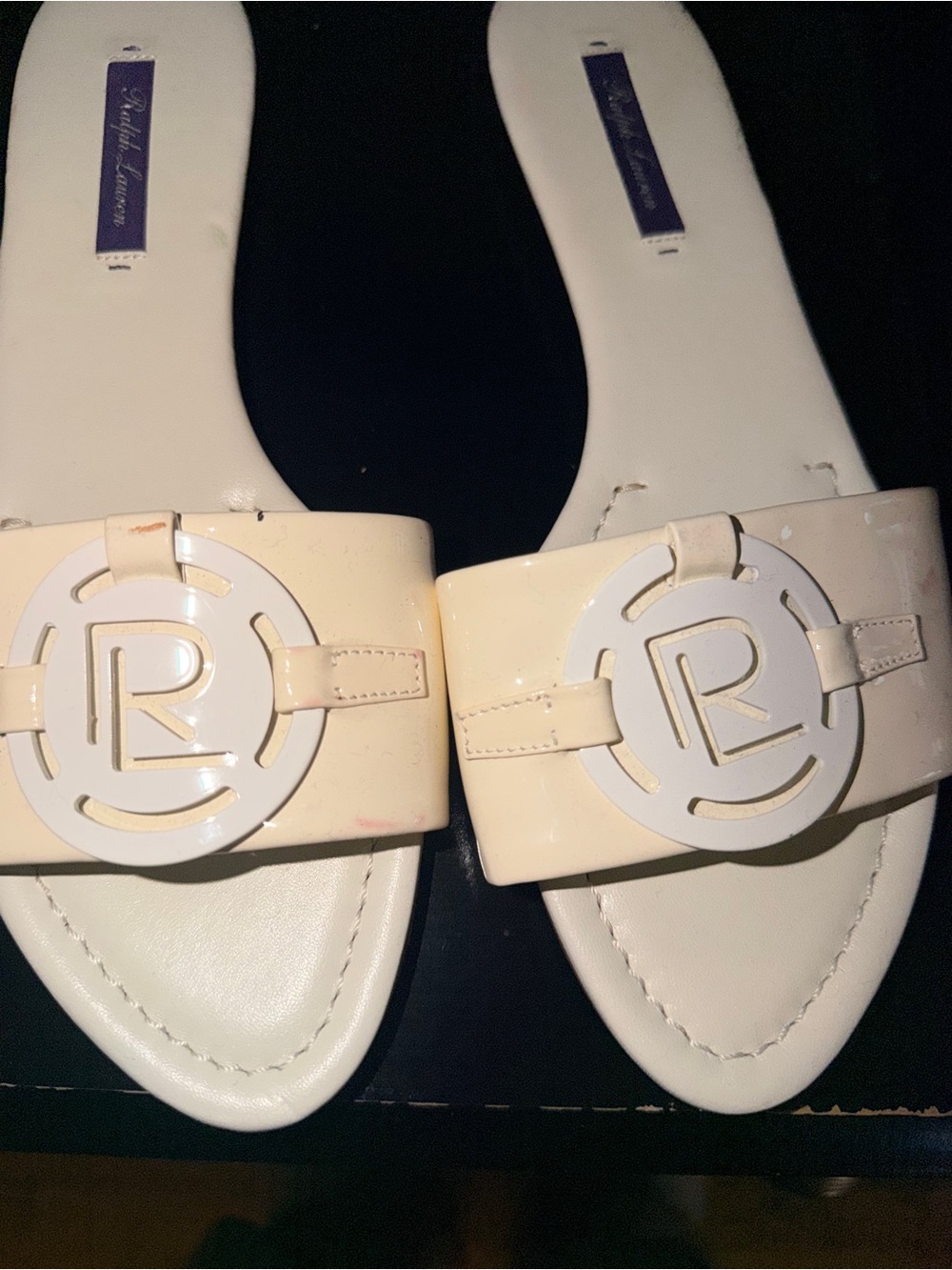 Ralph Lauren Purple Label Cream Patent Logo Slide Mules